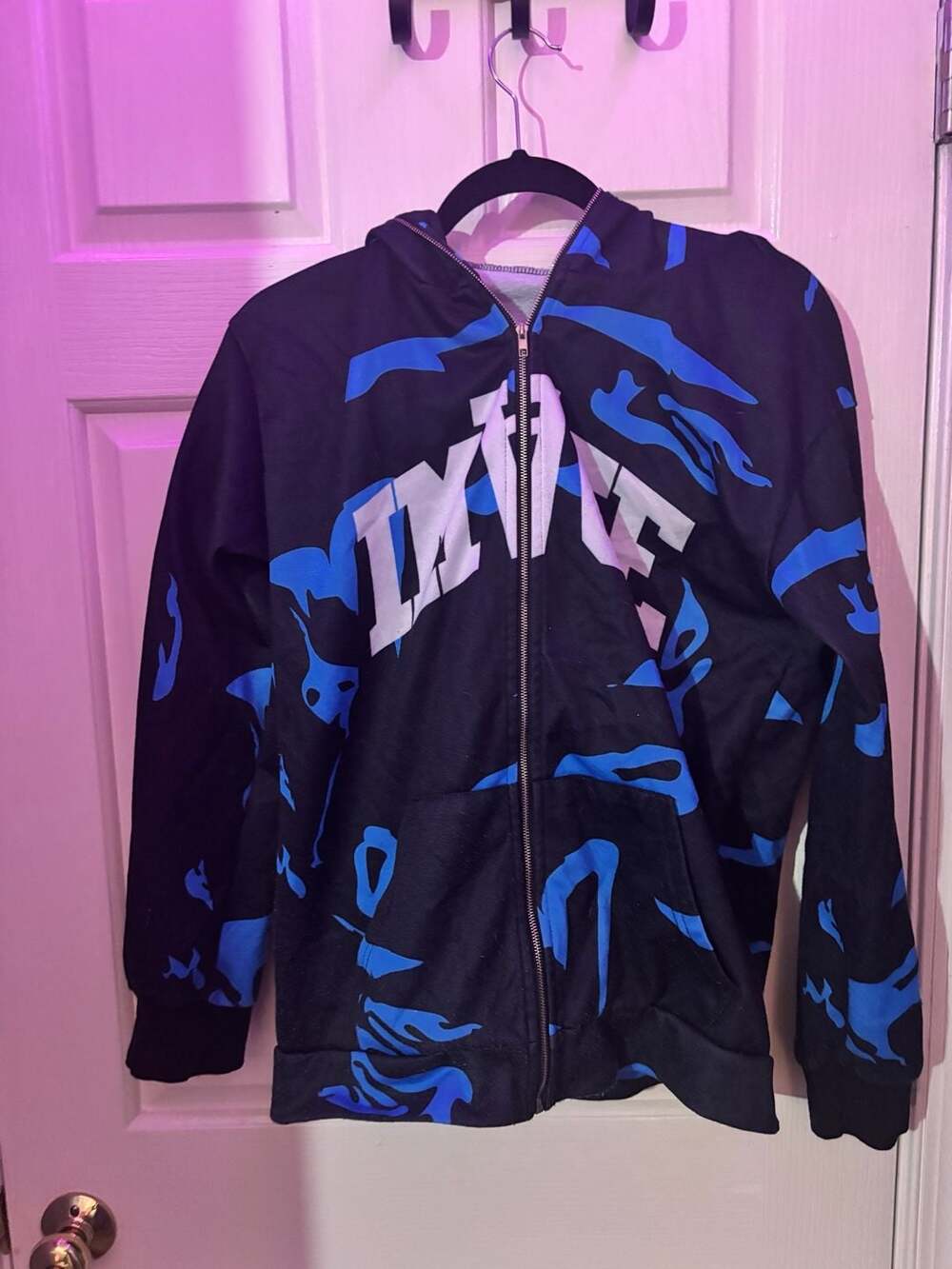 Zip Up Hoodie Size M Blue Black Camo Print Y2K Jacket